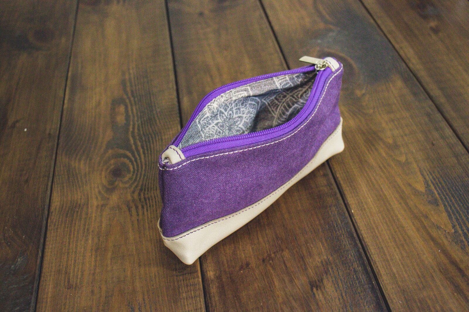 Косметичка из фиолетового канваса и молочной кожи Косметичка из фиолетового канваса и молочной кожи